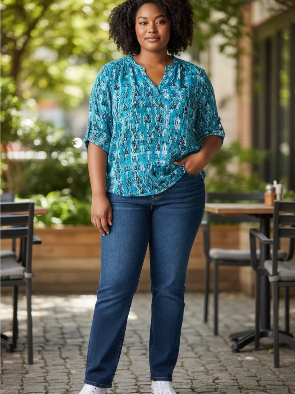 Teal Patterned V-Neck Blouse 4x 26w-28w